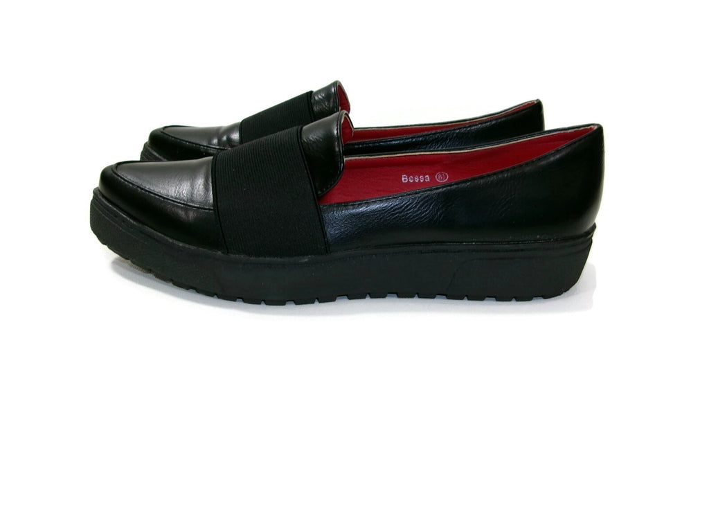 Herstyle Womens Black Wide Elastic Band Loafers Shoes size 8.5 M Red Inner Soles
