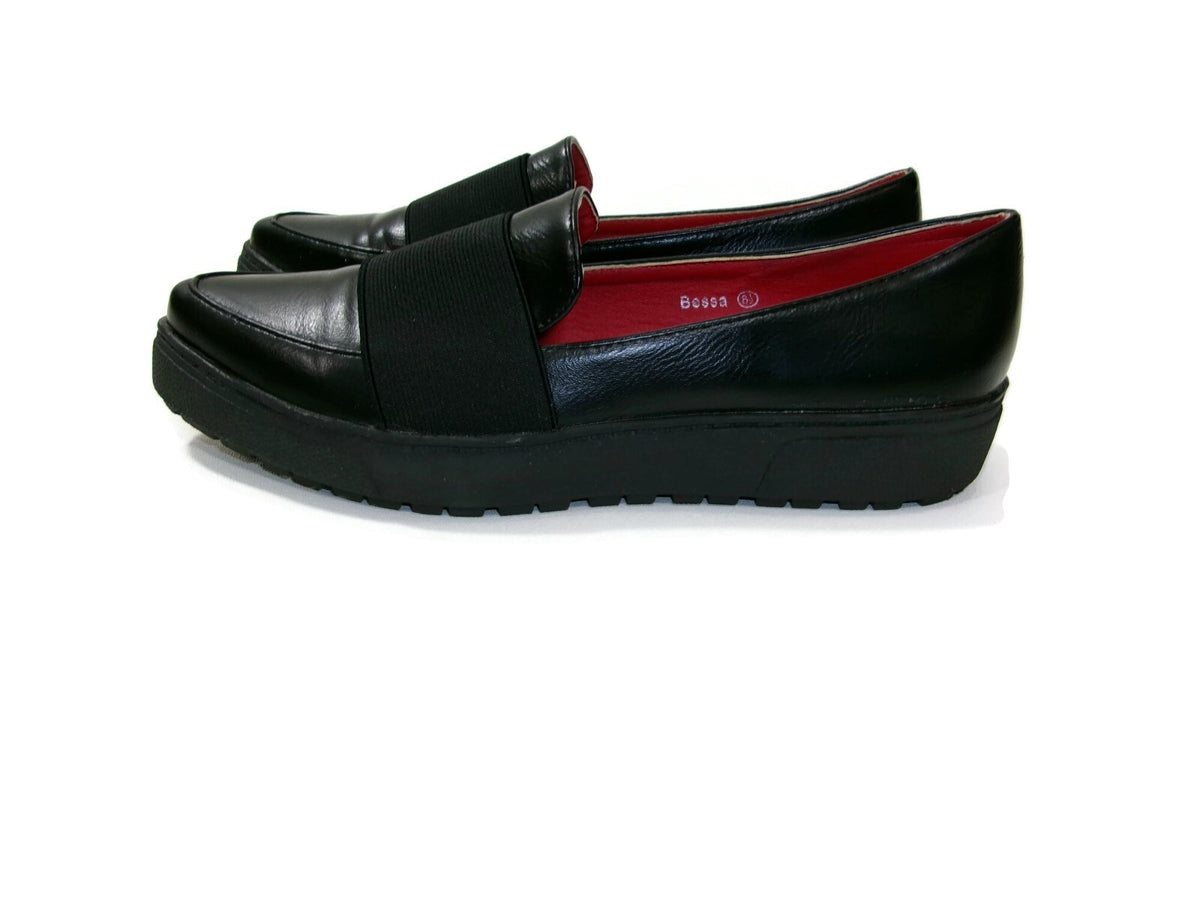 Herstyle Womens Black Wide Elastic Band Loafers Shoes size 8.5 M Red Inner Soles