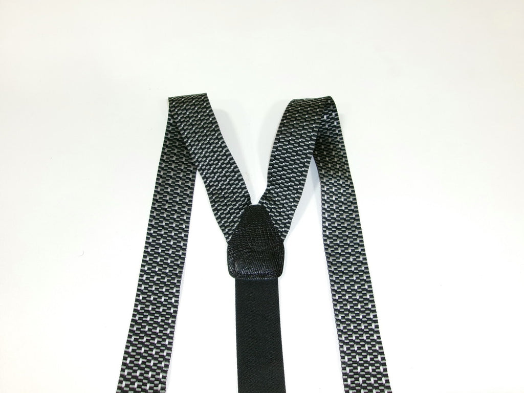 Mens Black Gray Suspenders w/ Black Leather Croc Embossed Tabs Made In England