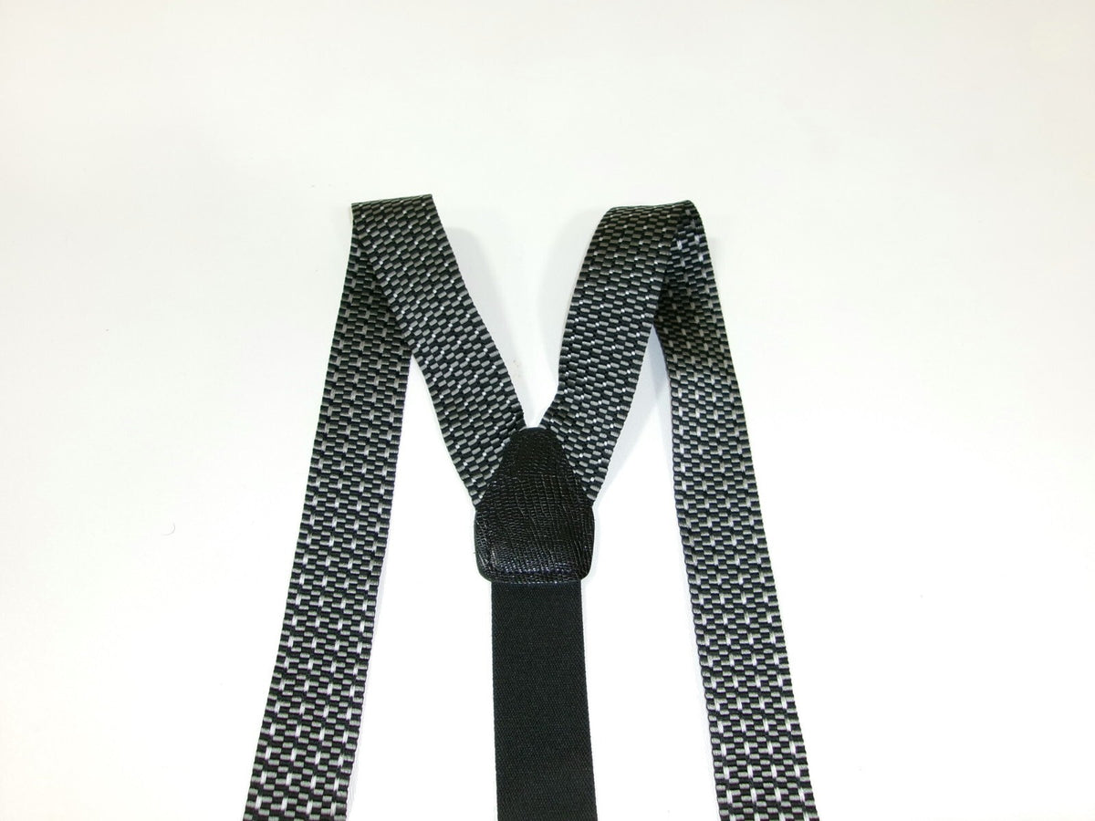 Mens Black Gray Suspenders w/ Black Leather Croc Embossed Tabs Made In England