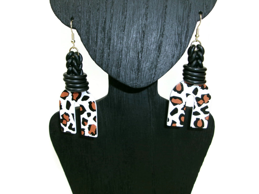Womens Ear Candy Statement Earrings Leopard Print  Black Tan & White