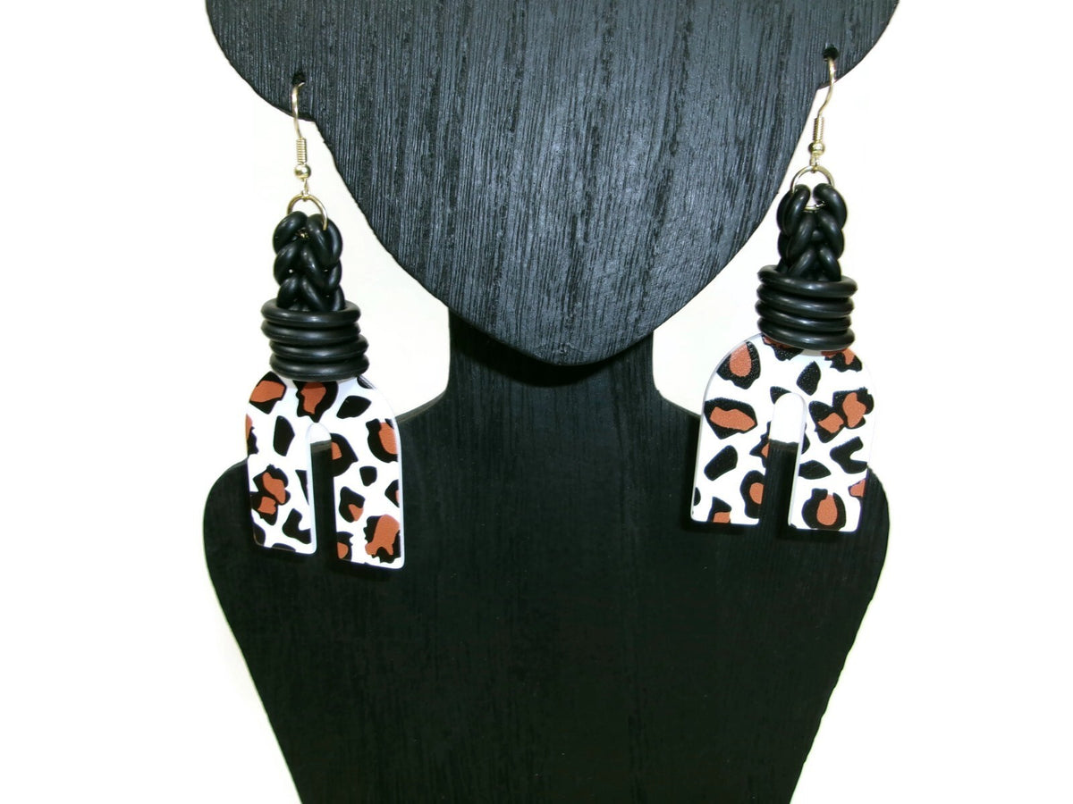 Womens Ear Candy Statement Earrings Leopard Print  Black Tan & White