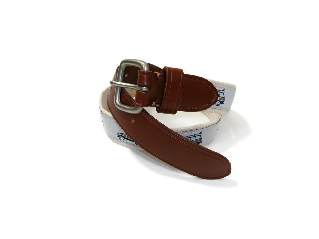 J Crew Crewcuts Kids Boys Belt Size L Large Leather Canvas w/Car Surfboard Motif