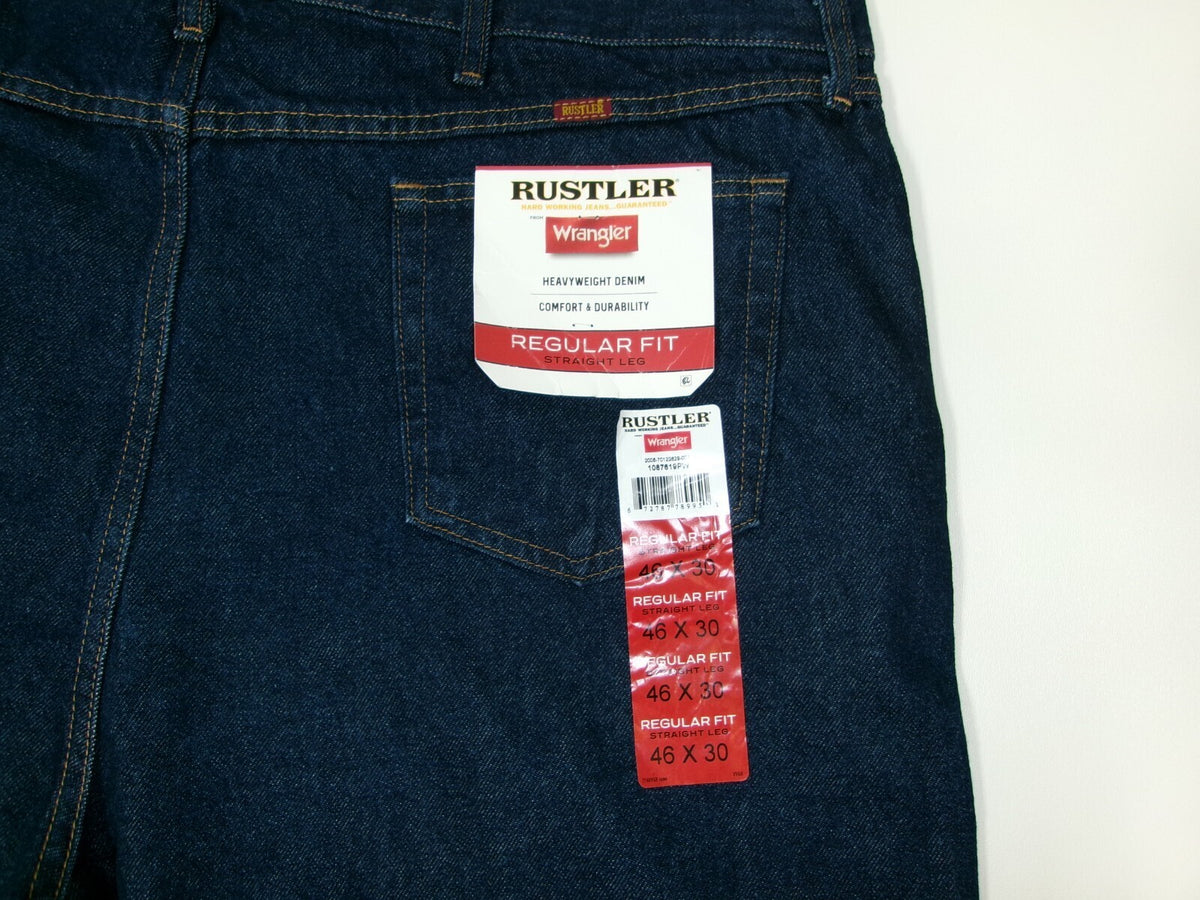 Mens Rustler Wrangler Heavyweight Denim Jeans  Straight Leg Pants Size 46X30 NWT