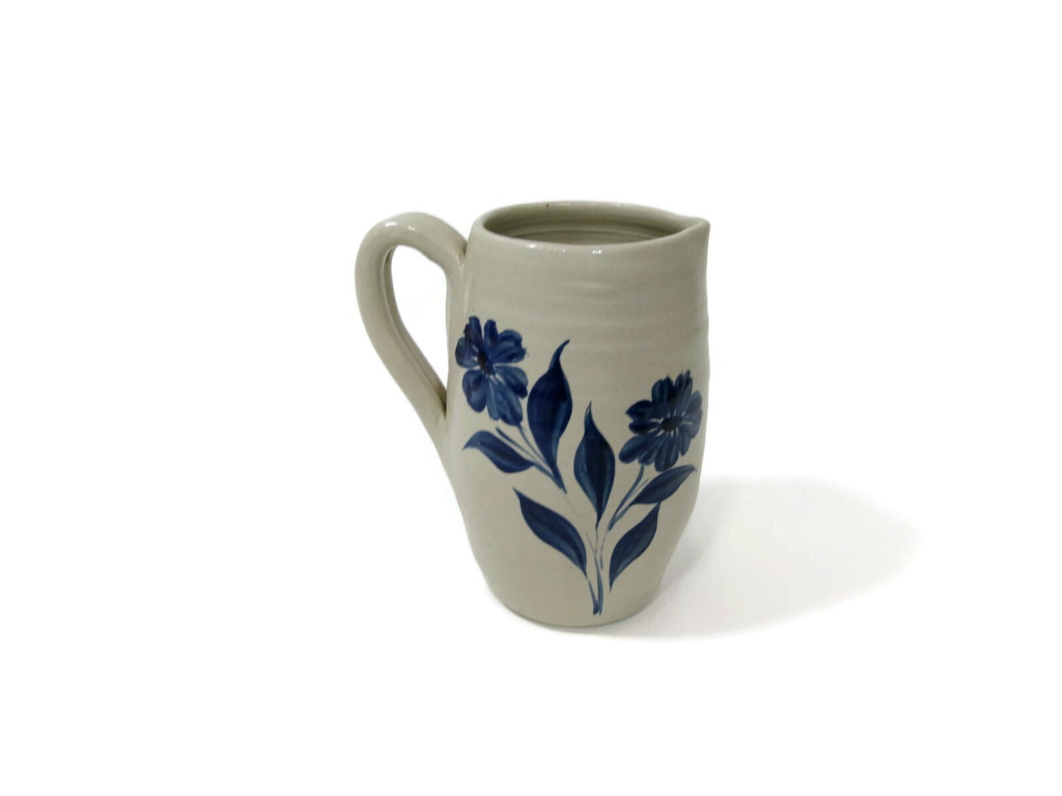 Vintage Williamsburg Pottery  Stoneware Pitcher 7 " With Cobalt Blue Floral