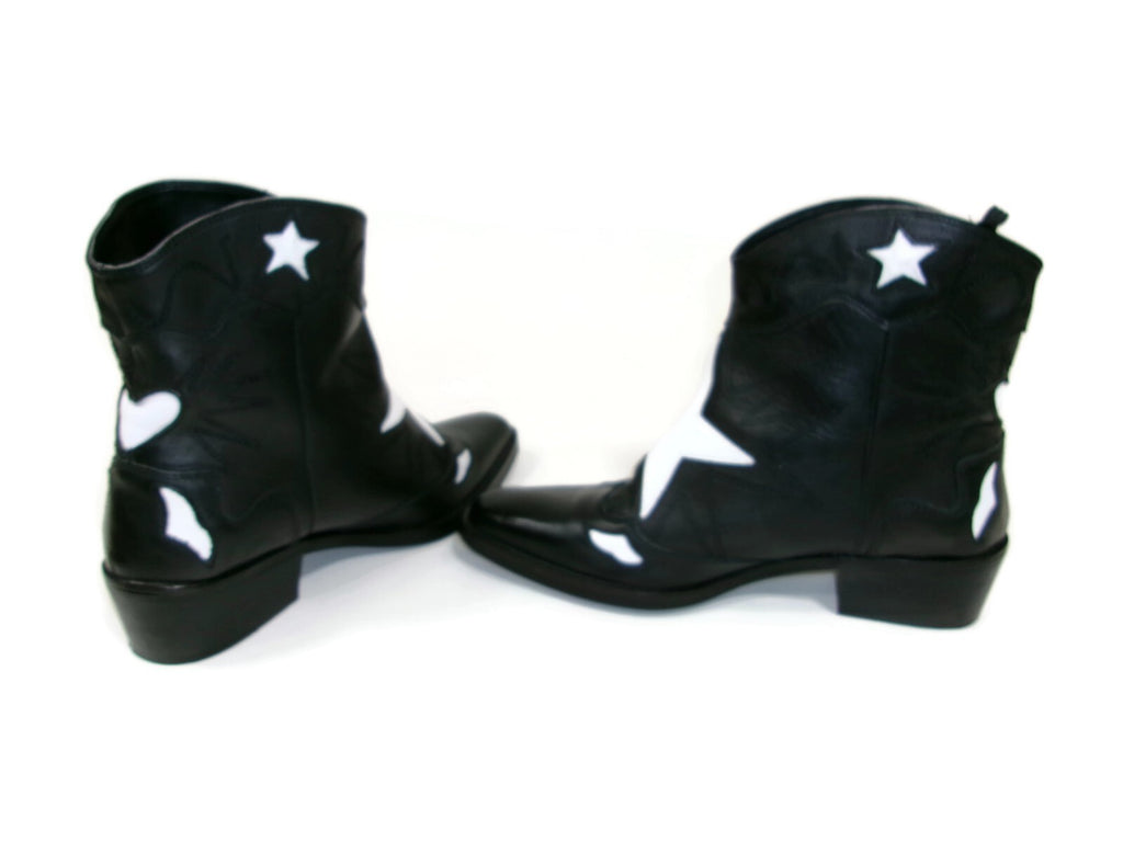 Pull & Bear Womens Black Leather White Star Western Boots Shoes SZ 39 EU 8.5 US