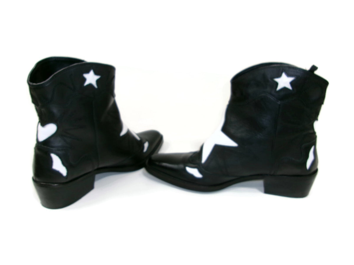 Pull & Bear Womens Black Leather White Star Western Boots Shoes SZ 39 EU 8.5 US