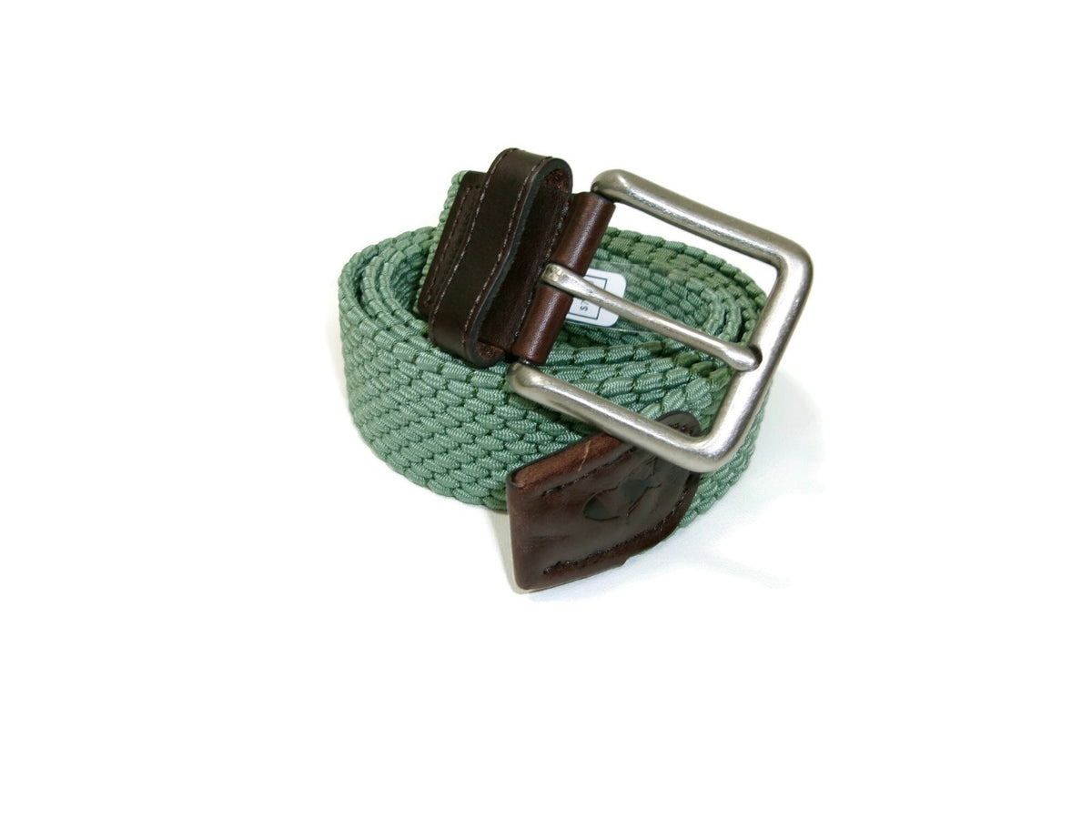 Fish Hippe Mens Sage Green Stretch Woven Belt  Leather Accents Size L Large $79