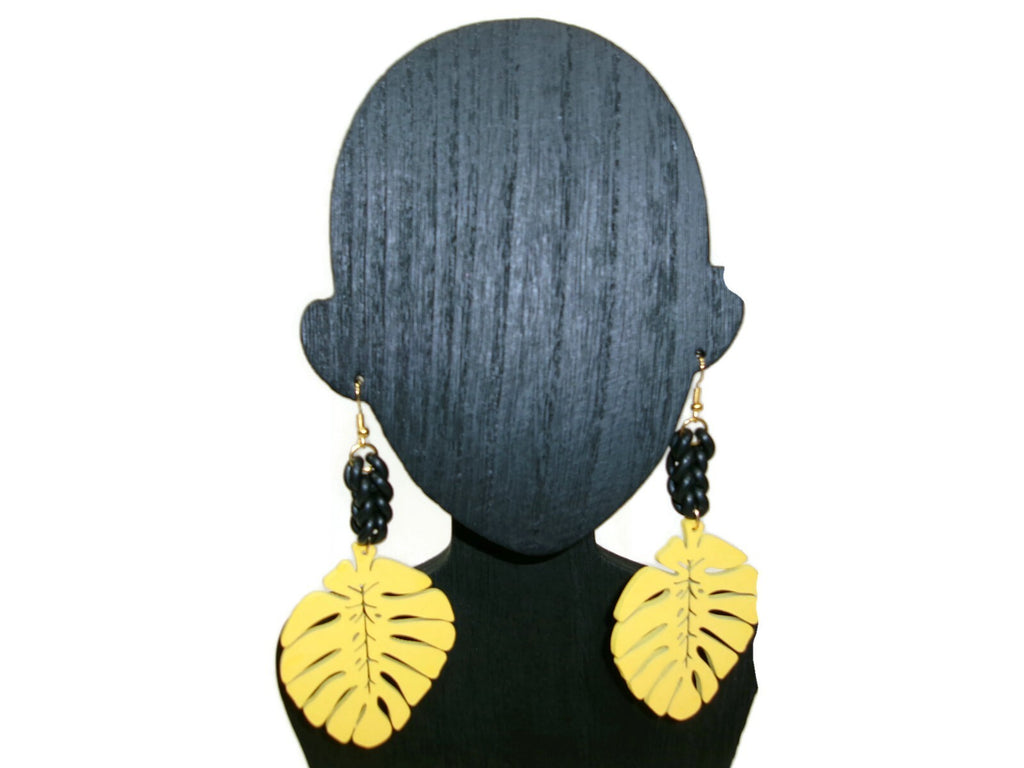 Womens Ear Candy Statement Drop Earrings Yellow Wood Leaf & Unique Rubber Design
