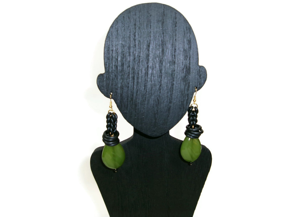 Womens Ear Candy Statement Earrings Green Textured Bead w/ Rubber Huggie Design