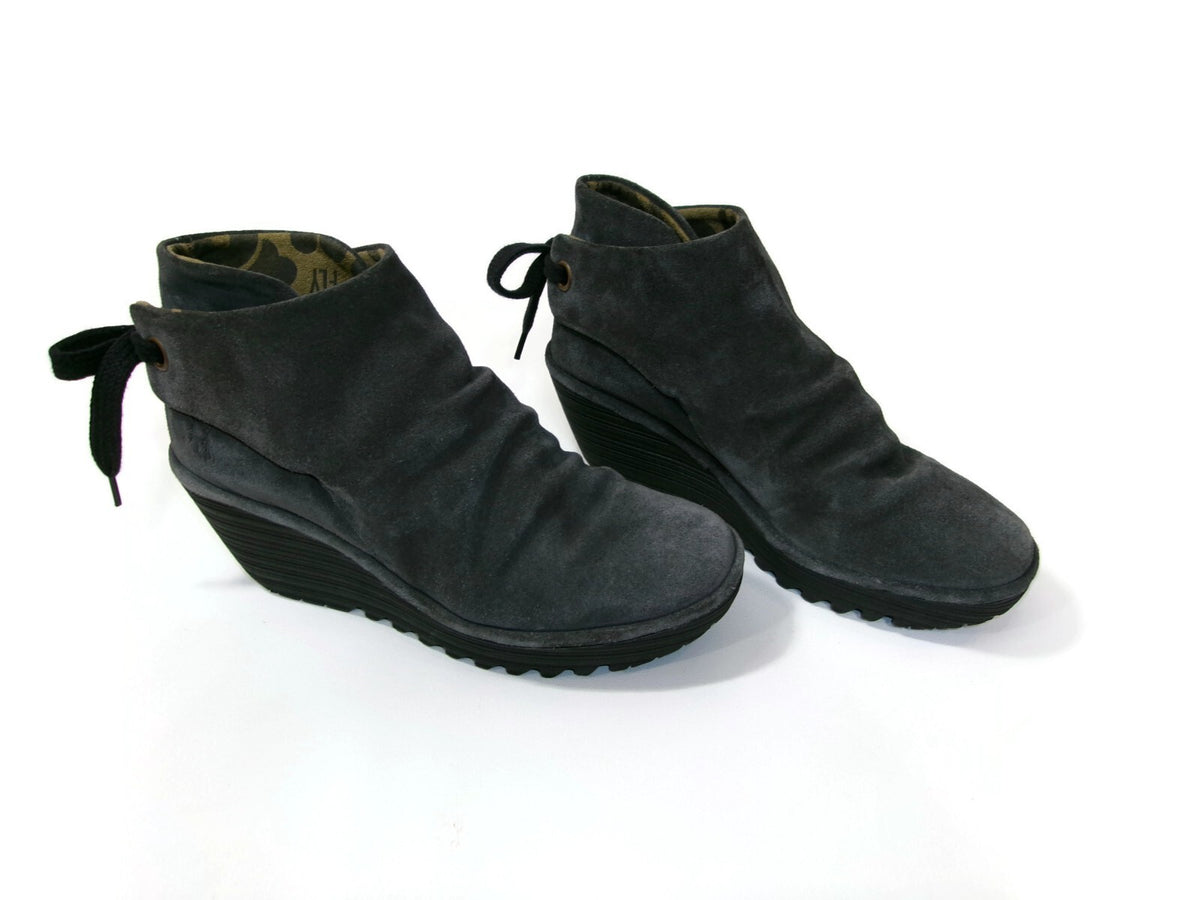 Fly London Yebi Ruched Gray Suede Leather Ankle Boots Booties Size US  8-8.5 39