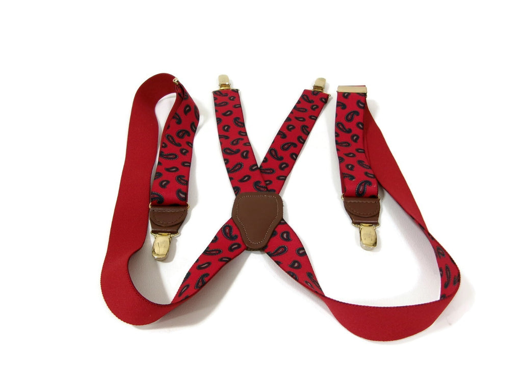 Mens Red Paisley Suspenders w/ Y Back Design & Metal Clips Md In West Germany