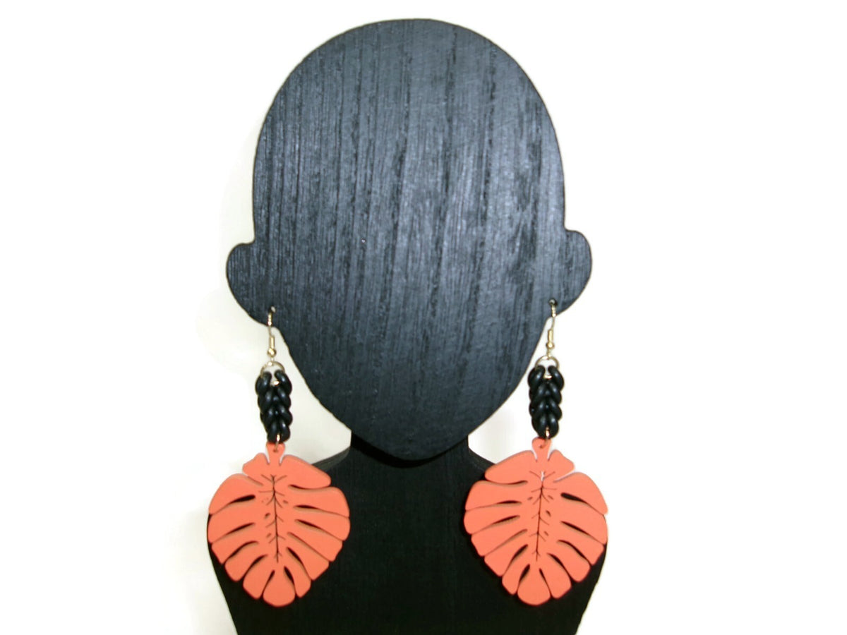 Womens Ear Candy Statement Drop Earrings Orange Wood Leaf & Unique Rubber Design