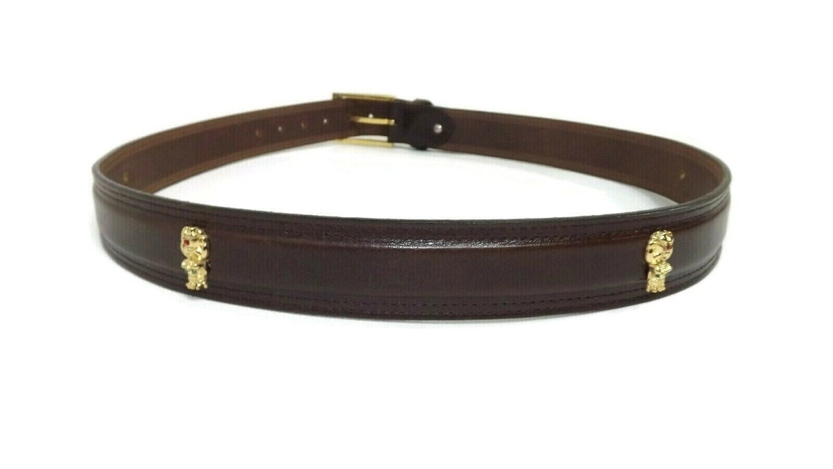 HAWAIIAN Tiki MAN Gold w/ Rhinestones Brown CUIR Italian Leather BELT Size 38