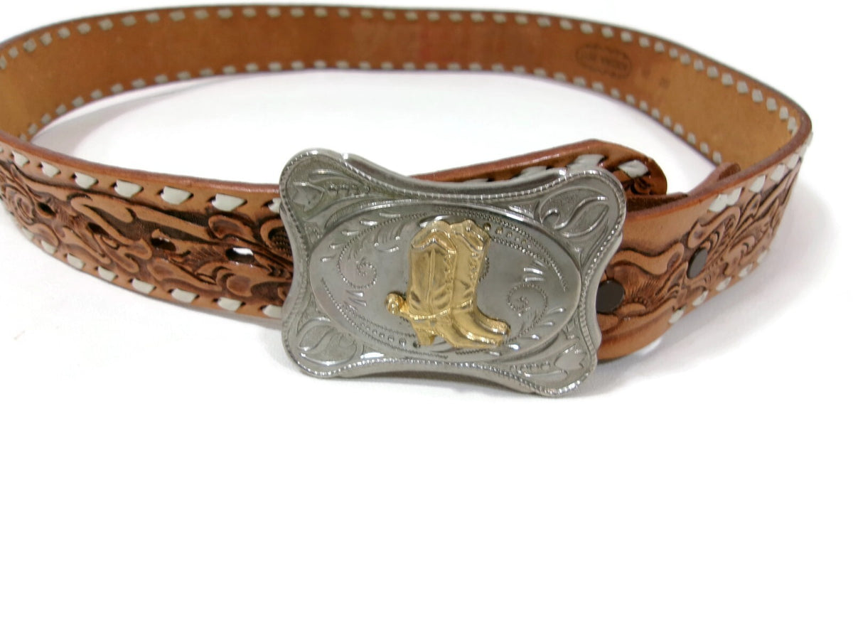 Nocona Vintage Tan Tool Leather Western Belt W/Boots Buckle Embossed w/ KENNY SM