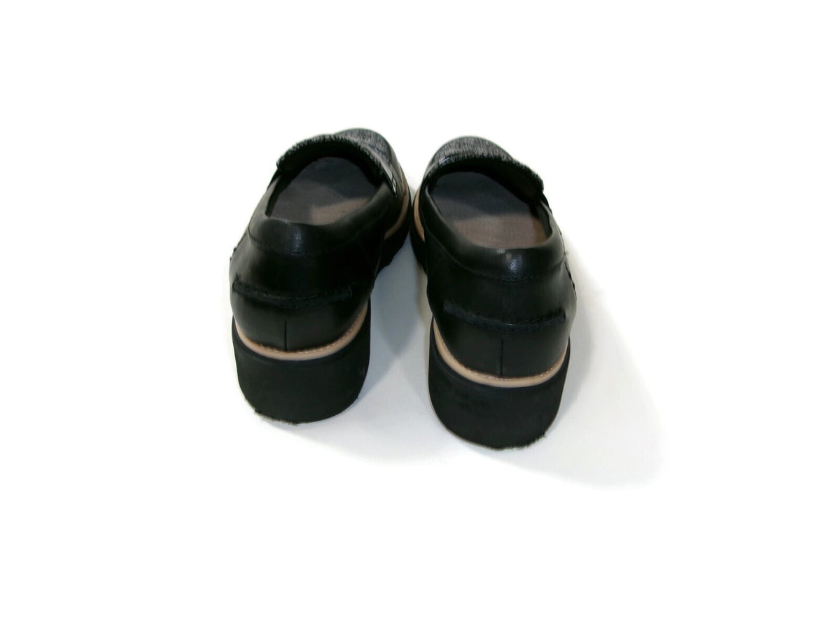 Clarks Womens Shoes Size 9.5 M Black Leather & Tweed & Patent Low Wedge Heels