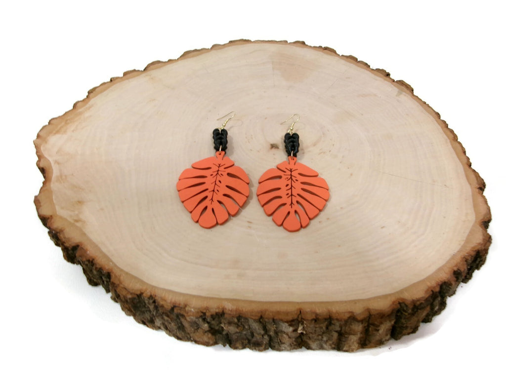 Womens Ear Candy Statement Drop Earrings Orange Wood Leaf & Unique Rubber Design
