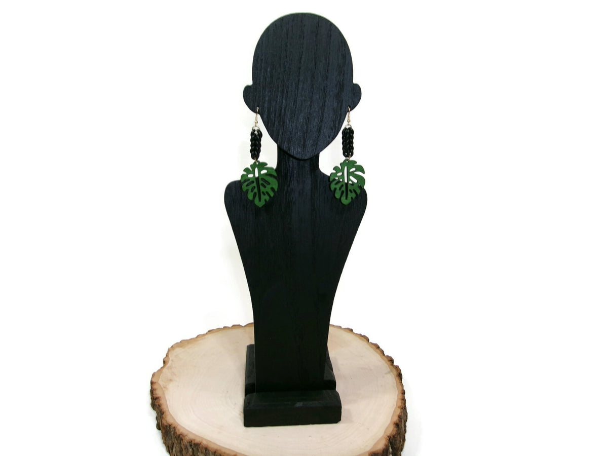 Womens Ear Candy Statement Drop Earrings Green Wood Leaf & Unique Rubber Design