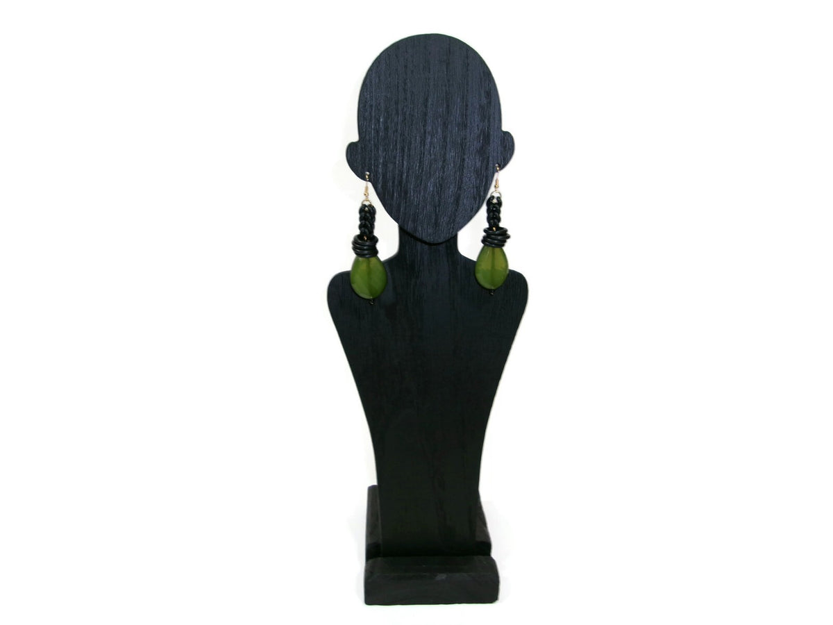 Womens Ear Candy Statement Earrings Green Textured Bead w/ Rubber Huggie Design