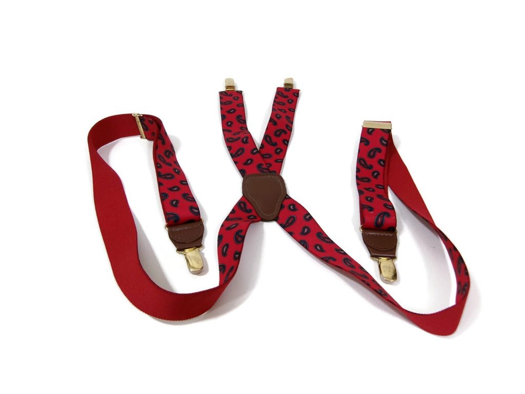 Mens Red Paisley Suspenders w/ Y Back Design & Metal Clips Md In West Germany