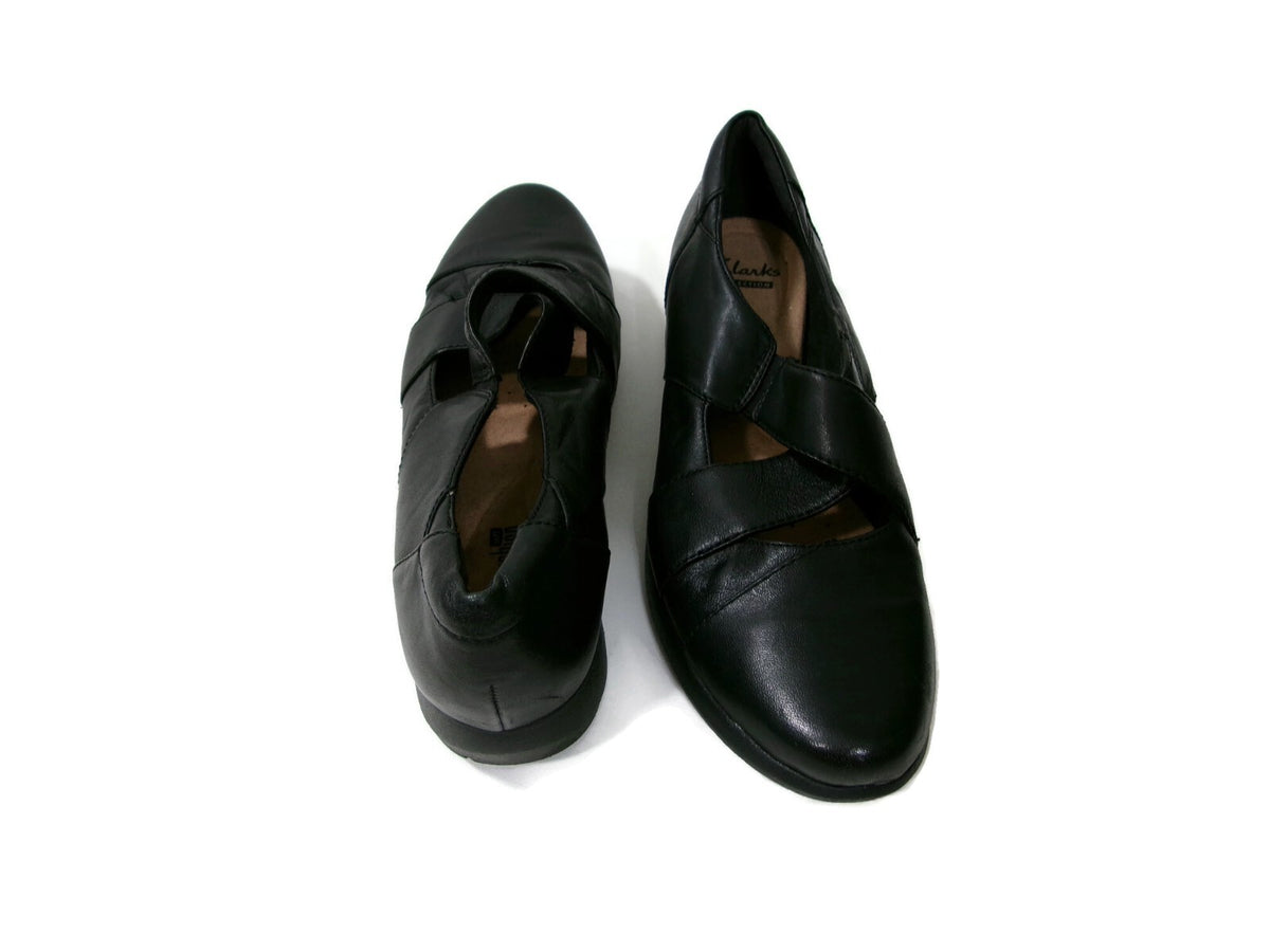 Clarks Collection Womens Black Leather Shoes Size 9.5 M Slip On Comfort Flats