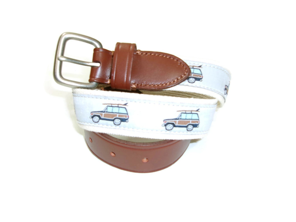 J Crew Crewcuts Kids Boys Belt Size L Large Leather Canvas w/Car Surfboard Motif