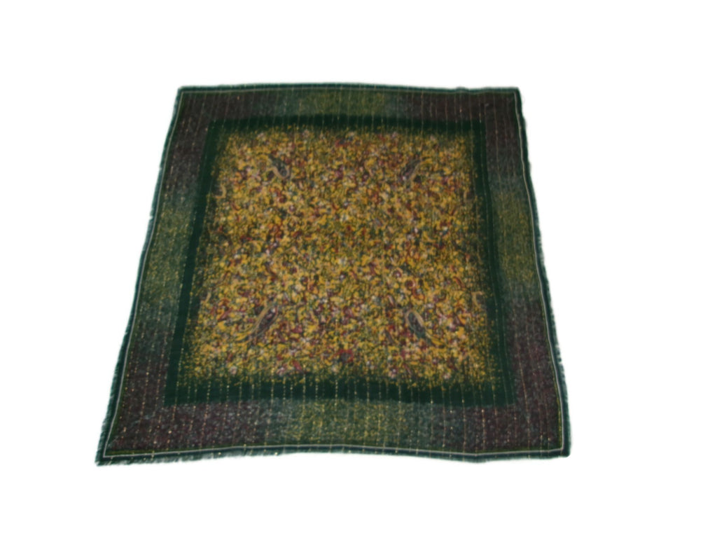Sally Gee Vintage Womens Scarf 100% Light Weight Wool  Green Gold Original Tag