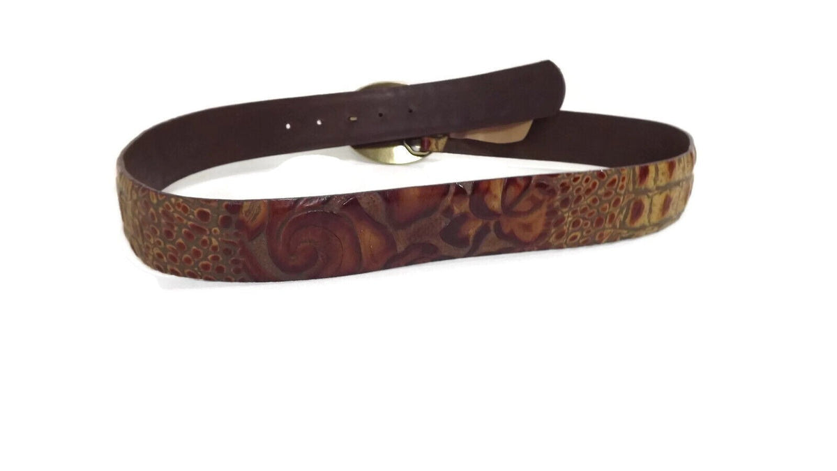 Landes Signature Vintage Tan Tooled Leather Croc & Floral Embossed BELT Size M