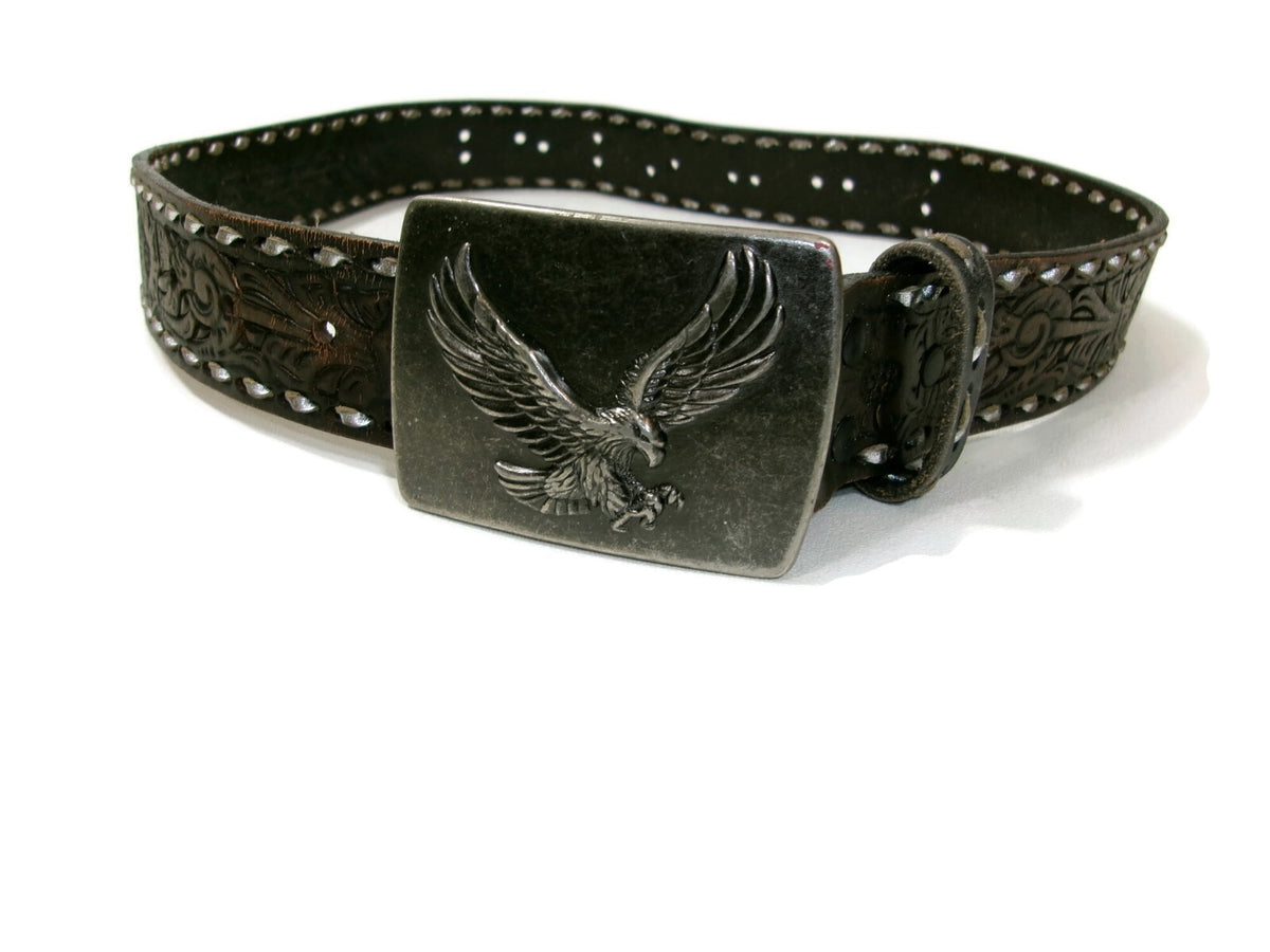 American Eagle Distress Silver Buckle Hand Tool & Made Brown  Belt Size M Unisex