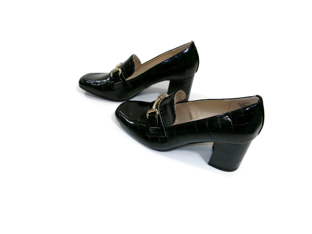 Liz Claiborne Womens Black Croc Embossed Heels Pumps Shoes Size 6 M Gold Buckle