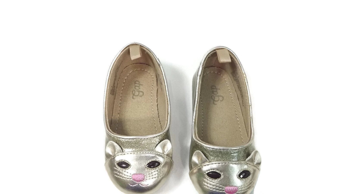 GAP Toddler Girls GOLD Kitty Cat Face Front Patent Ballet Flats Shoes Size 5