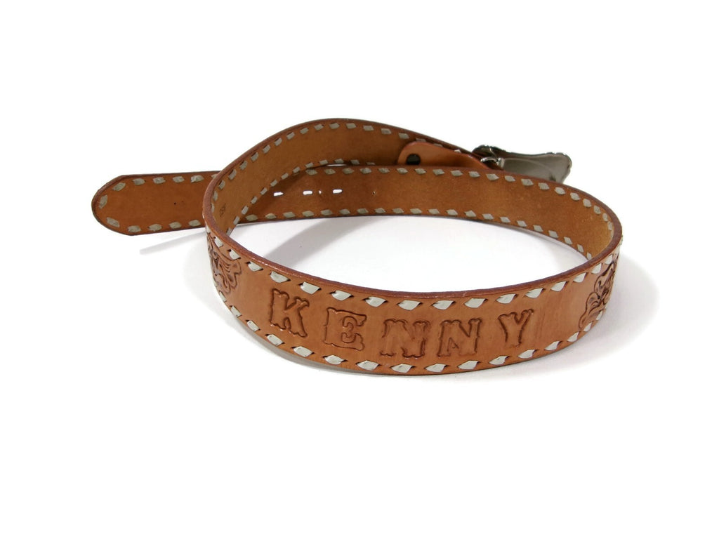 Nocona Vintage Tan Tool Leather Western Belt W/Boots Buckle Embossed w/ KENNY SM