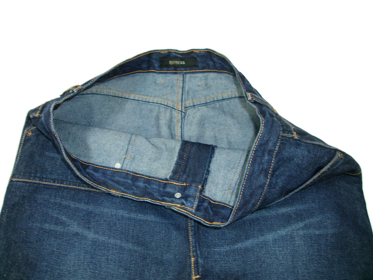 Womens Teen Girls Cute EXPRESS Distressed Dark Denim Jean Skirt Size 9 / 10