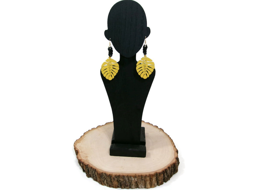 Womens Ear Candy Statement Drop Earrings Yellow Wood Leaf & Unique Rubber Design