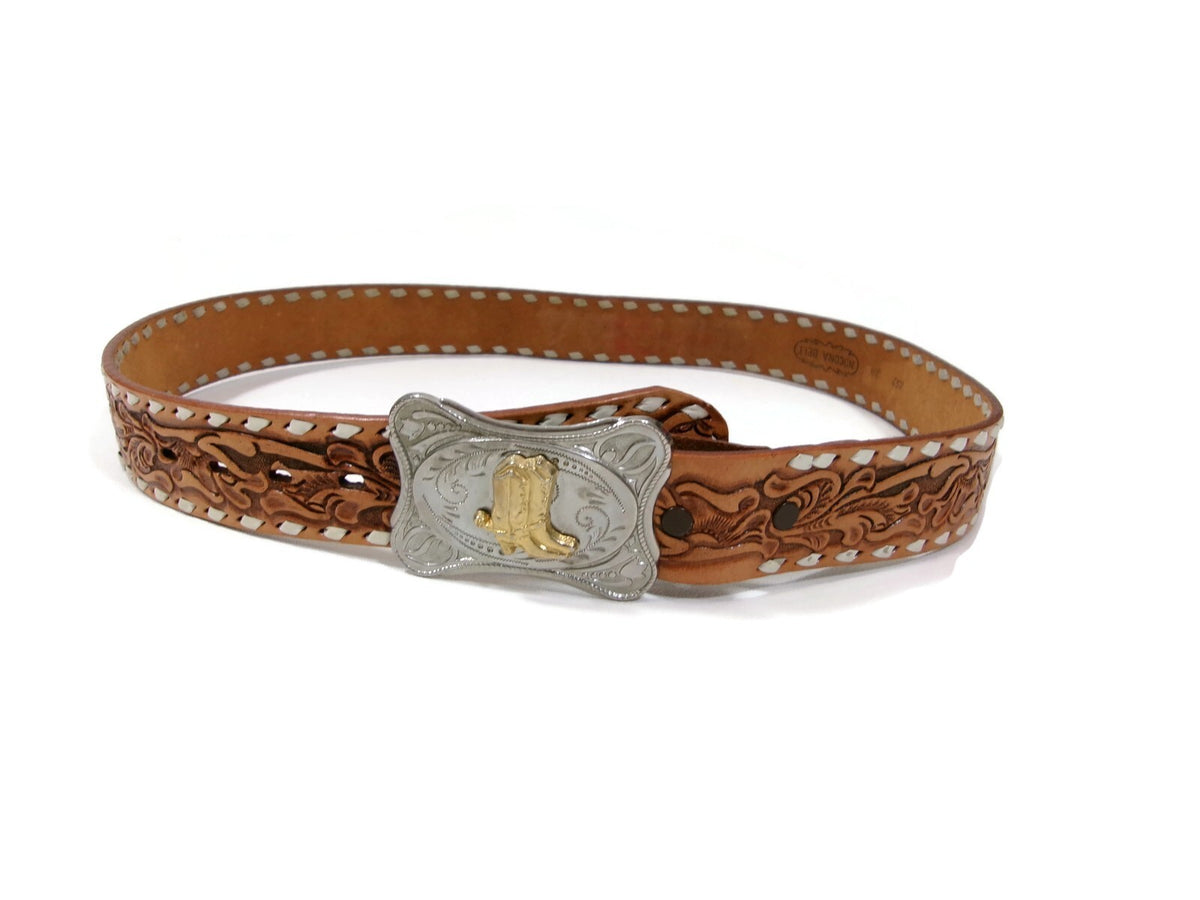 Nocona Vintage Tan Tool Leather Western Belt W/Boots Buckle Embossed w/ KENNY SM