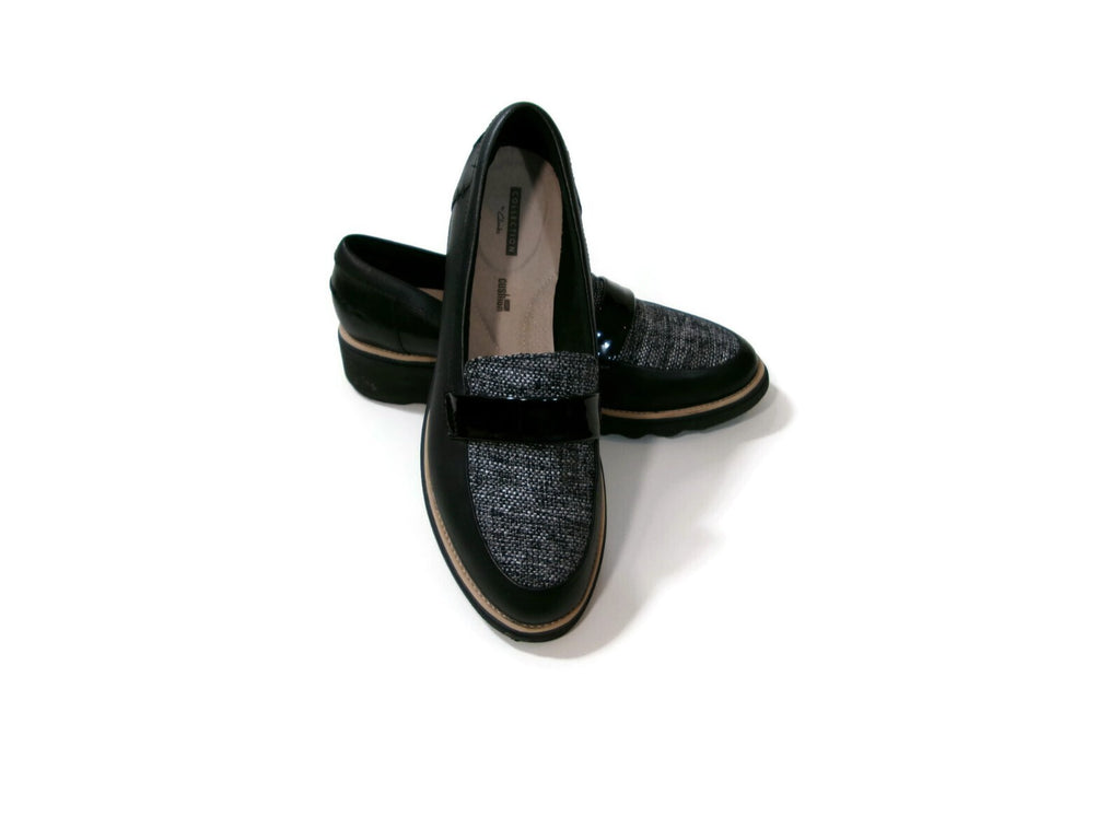 Clarks Womens Shoes Size 9.5 M Black Leather & Tweed & Patent Low Wedge Heels