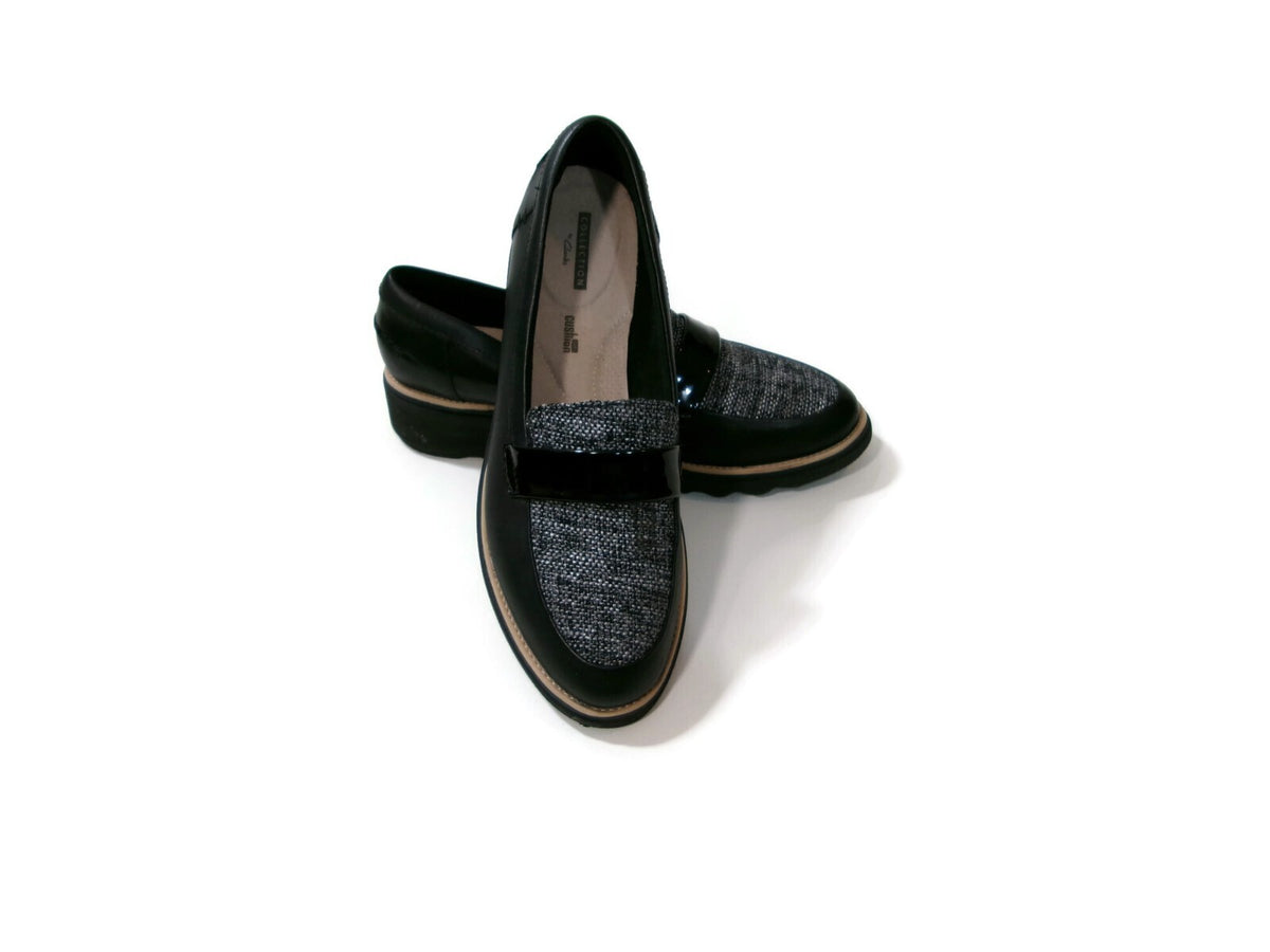 Clarks Womens Shoes Size 9.5 M Black Leather & Tweed & Patent Low Wedge Heels