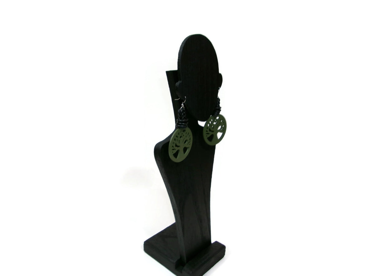 Womens Ear Candy Statement Green Earrings Wood Family Tree Black Rubber Design