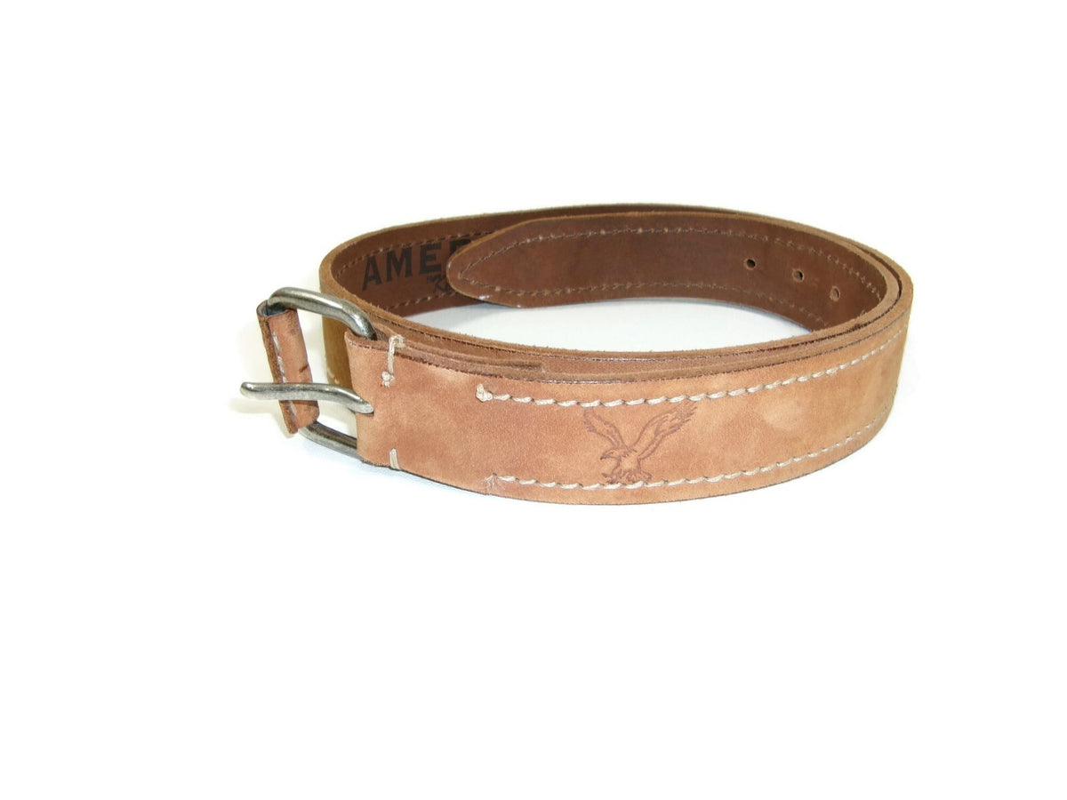 American Eagle Mens Distressed Light Tan Casual Belt Size 32 w/ Eagle Logo