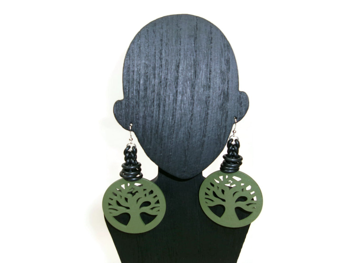 Womens Ear Candy Statement Green Earrings Wood Family Tree Black Rubber Design