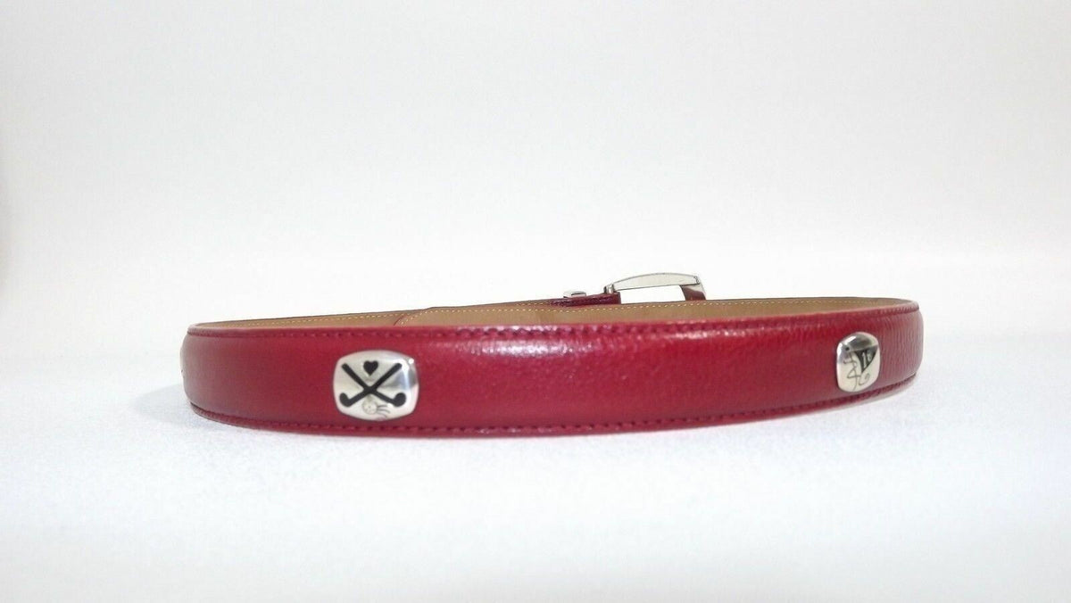 BRIGHTON Pretty Red Leather Belt Size M Medium/ I Love GOLF w/ Cart Clubs Ball