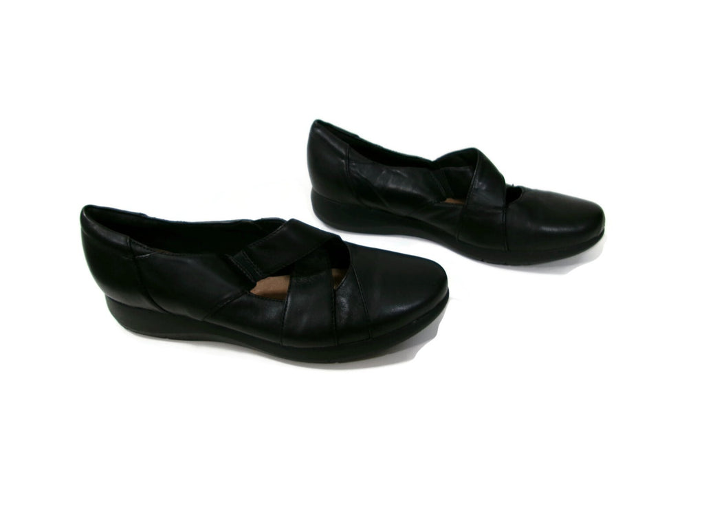 Clarks Collection Womens Black Leather Shoes Size 9.5 M Slip On Comfort Flats