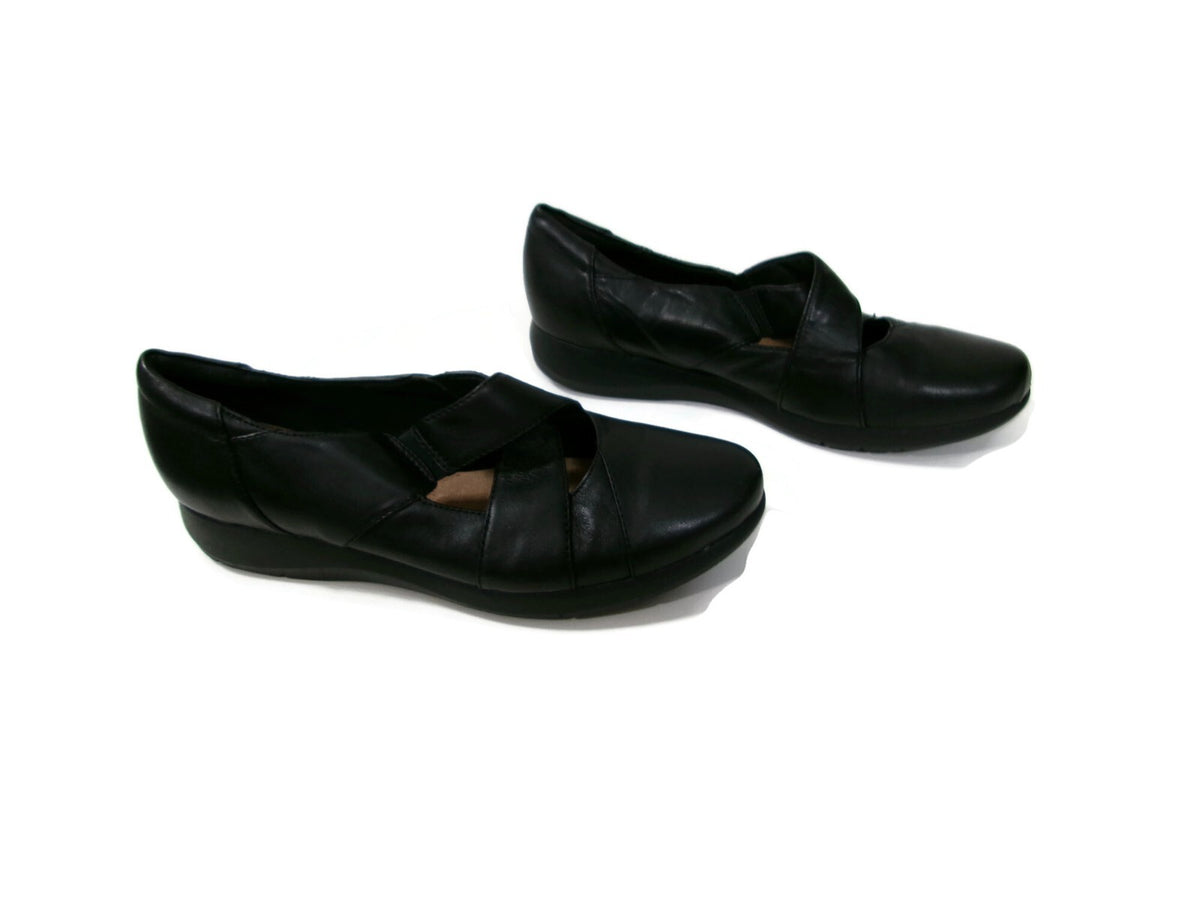 Clarks Collection Womens Black Leather Shoes Size 9.5 M Slip On Comfort Flats