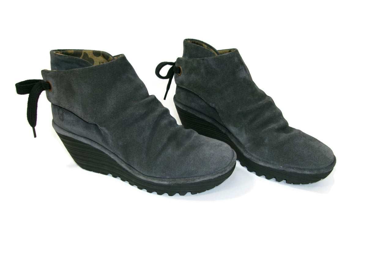 Fly London Yebi Ruched Gray Suede Leather Ankle Boots Booties Size US  8-8.5 39