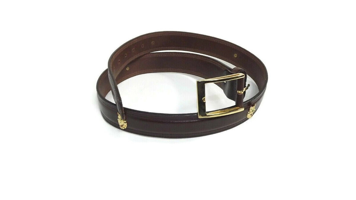 HAWAIIAN Tiki MAN Gold w/ Rhinestones Brown CUIR Italian Leather BELT Size 38