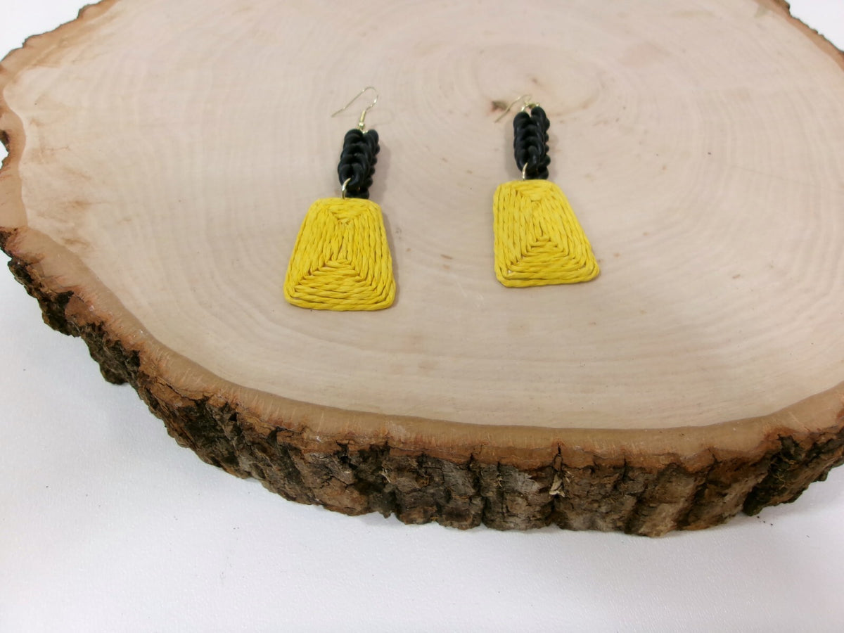 Womens Ear Candy Statement Drop Earrings Yellow Raffia & Black Rubber Design