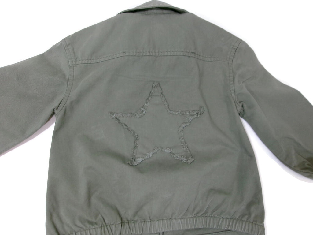MNG Girls Stylish Green Khaki Jacket Star Embroided Back Cargo Pockets Size 6/7