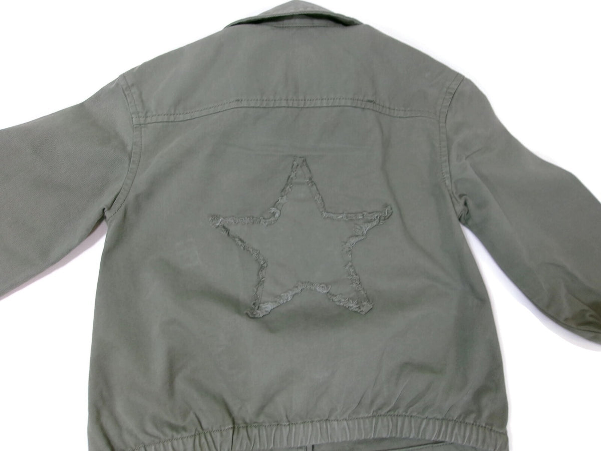 MNG Girls Stylish Green Khaki Jacket Star Embroided Back Cargo Pockets Size 6/7