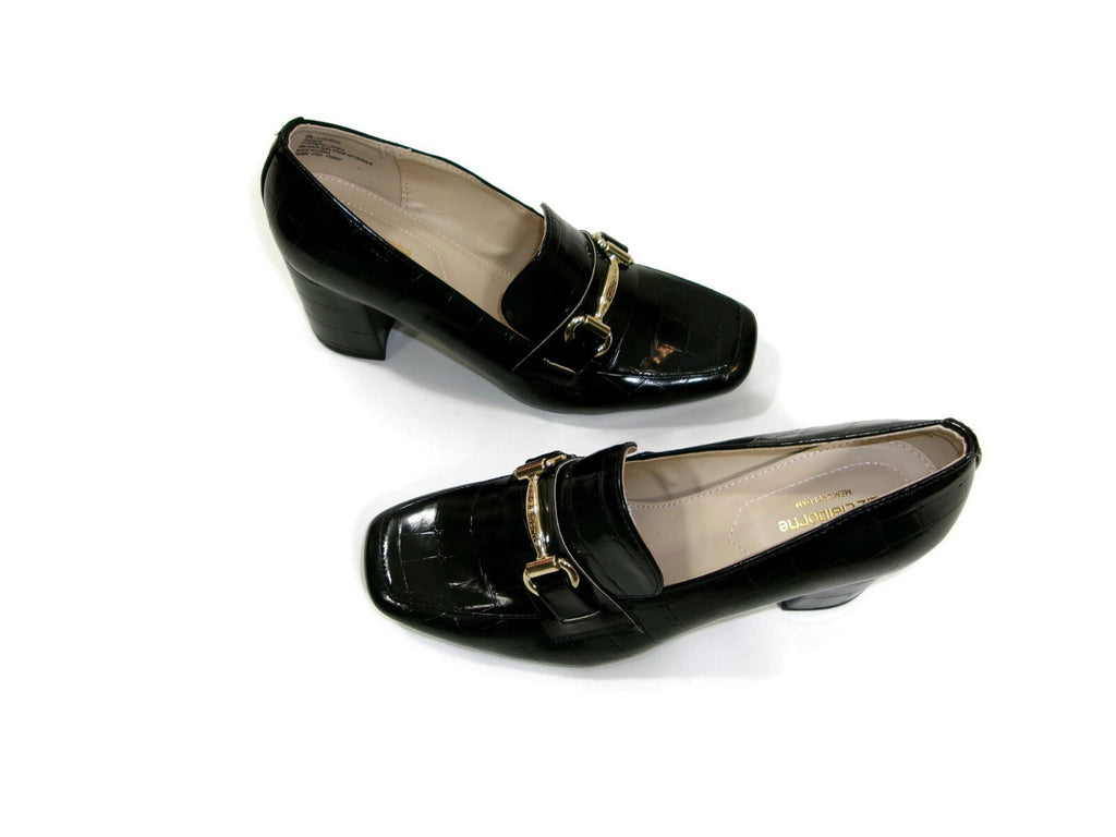 Liz Claiborne Womens Black Croc Embossed Heels Pumps Shoes Size 6 M Gold Buckle