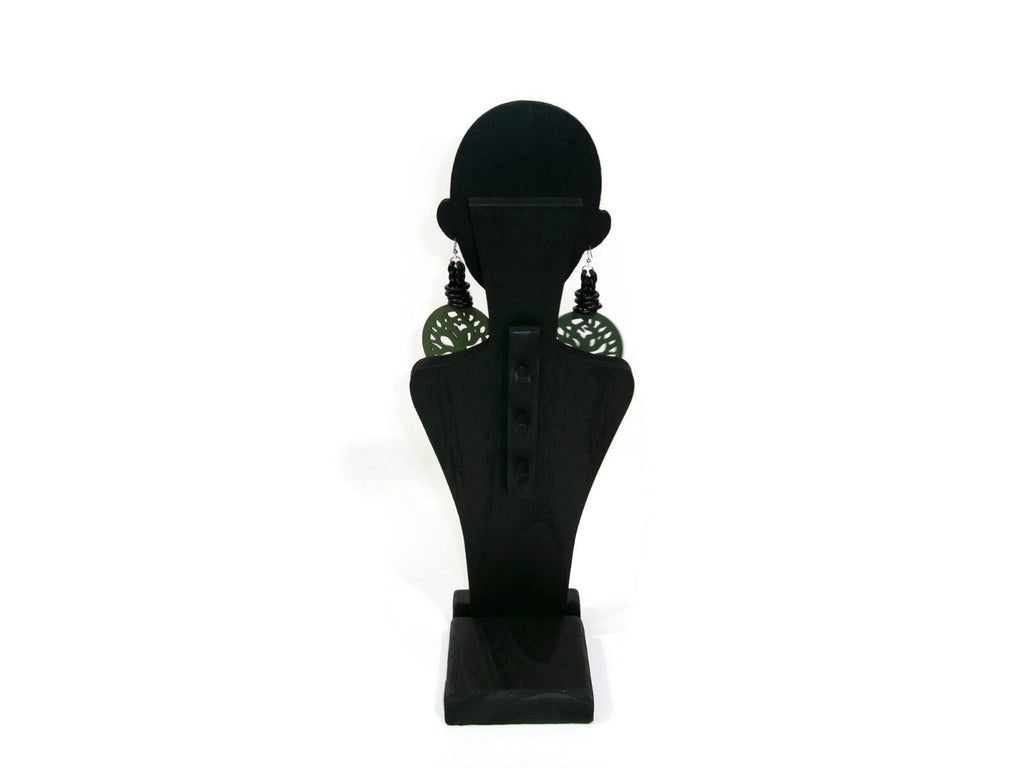 Womens Ear Candy Statement Green Earrings Wood Family Tree Black Rubber Design